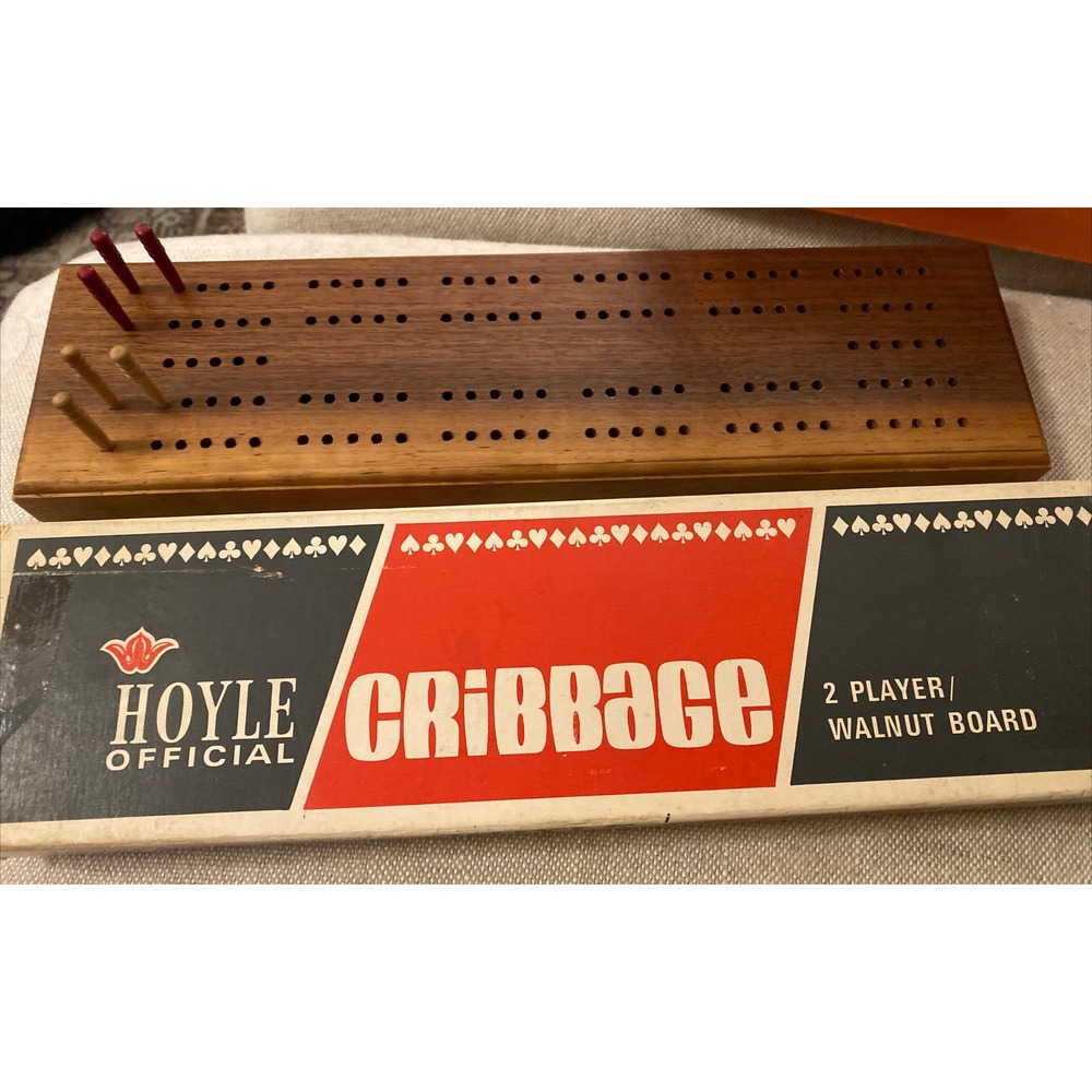 Vintage Hoyle 5062 Cribbage Board 2 Player Game Inlaid Walnut W/Pegs